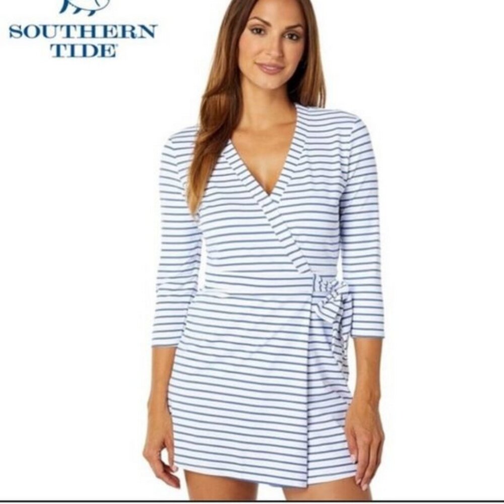 SOUTHERN TIDE Moira Performance Faux Wrap Romper White Blue M